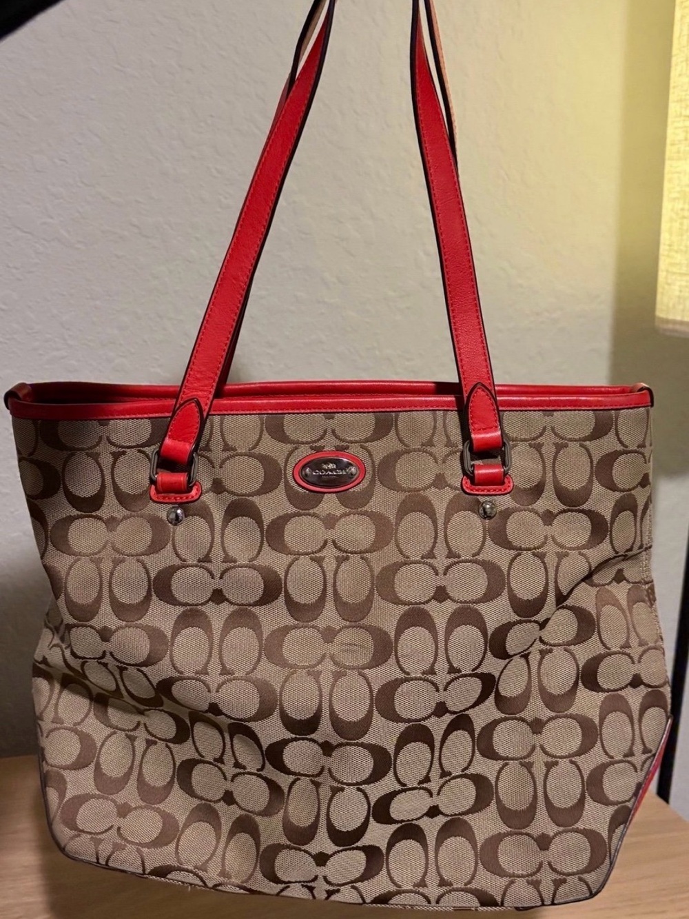 Coach Brown Signature Canvas Tote with Red Trim - Picture 4 of 7